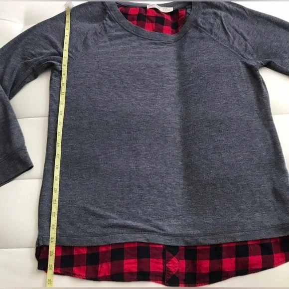 Faded Glory Women’s Gray Long Sleeve Top Tee with Plaid Hem Layered Look Size L - Picture 5 of 8